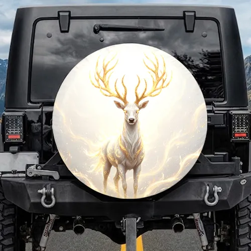 Majestic White Stag Fiery Golden Antlers - Radiant Fantasy Wildlife Decor Gift Spare Tire Cover