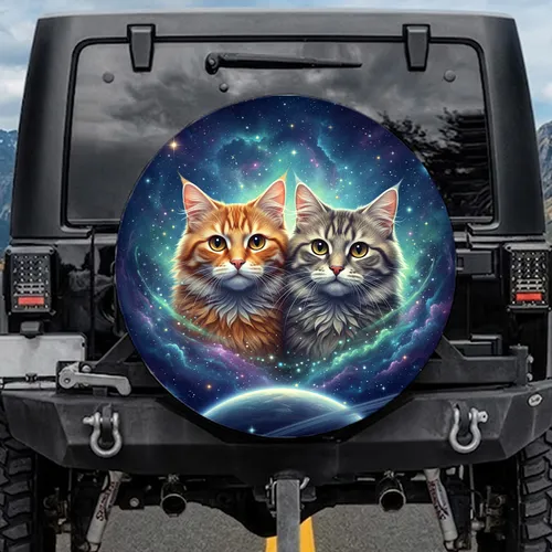 Realistic Fluffy Tabby Cats Cosmic Journey - Luminous Galaxy Home Decor Gift for Cat Lovers Spare Tire Cover