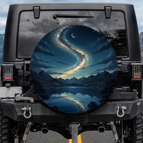 Golden Stars Cosmic River Crescent Moon Lake - Sky Gazer Home Decor Gift Spare Tire Cover