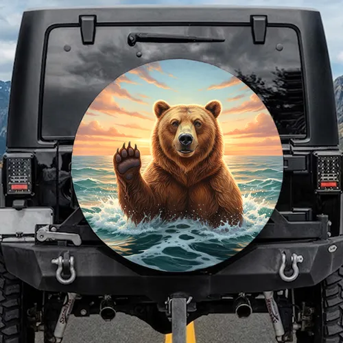 Grizzly Bear Waving Ocean Sunset - Wildlife Lover Home Decor Gift Spare Tire Cover