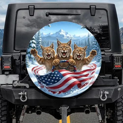 Bobcats American Flag Winter Journey - Patriotic Wildlife Adventure Gift Spare Tire Cover