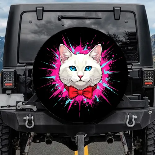 White Cat Blue Eyes Red Bow Tie Neon Pink Cyan Splatter Black Background - Cat Lover Gift Spare Tire Cover