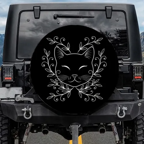 Black White Smiling Cat Face Botanical Branches - Home Decor Gift for Cat Lovers Spare Tire Cover