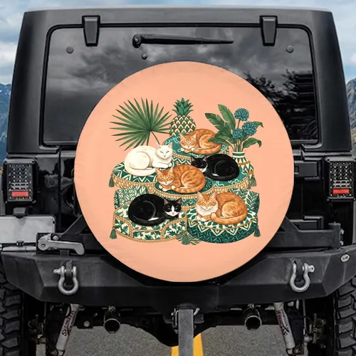 Six Cats Lounging Cushions Botanical - Home Decor Cat Lover Gift Spare Tire Cover