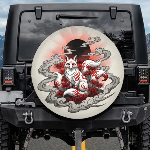 Nine-Tailed Kitsune Fox Red Spider Lilies Moon - Fantasy Lover Gift Spare Tire Cover