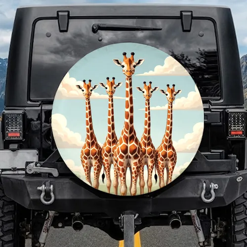Five Tall Giraffes Pale Sky Blue Landscape - Wildlife Lover Home Decor Gift Spare Tire Cover