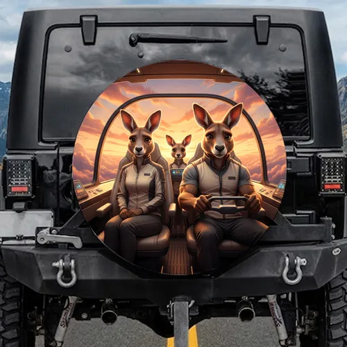 Kangaroo Family Panoramic Journey - Wildlife Lover Travel Enthusiast Gift Spare Tire Cover