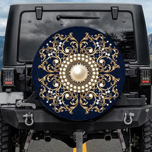 Baroque Medallion Gold Pearl Filigree Scrollwork - Home Decor Gift Spare Tire Cover