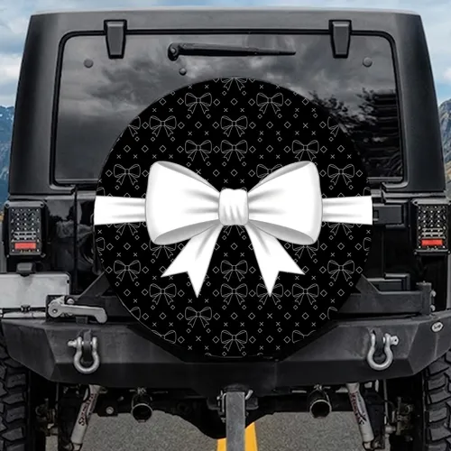 Contrasting White Bows X Marks Diamond Shapes Black Background Home Interior Decor Gift Spare Tire Cover