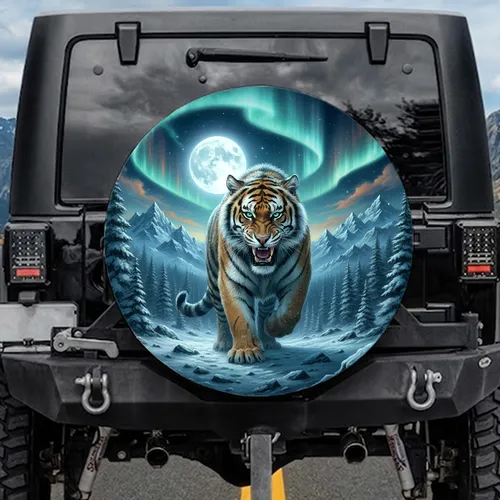 Tiger Running Emerald Eyes Aurora Borealis Snowy Pine Peak - Wildlife Lover Gift Spare Tire Cover