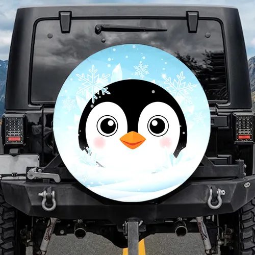 Penguin Face Prominent Wide White Eyes Geometric Snowflakes Arctic Snowdrifts - Penguin Lover Spare Tire Cover
