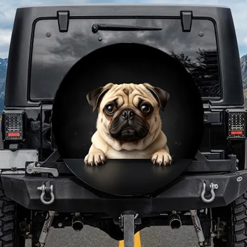 Fawn Pug Dog with Expressive Eyes Peeking Over Dark Surface - Dog Lover Gift for Pug Owners Spare Tire Cover