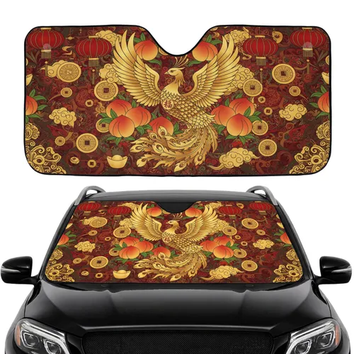 Golden Phoenix Peaches Chinese Lanterns - Prosperity Gift for Folk Art Lover Car Sunshade