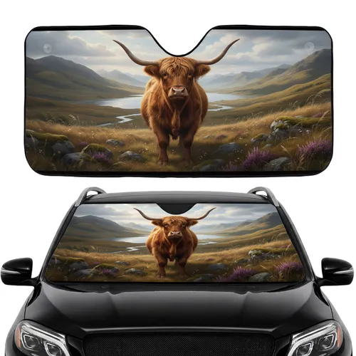 Shaggy Highland Cow Scottish Highlands Valley - Wildlife Lover Gift Car Sunshade
