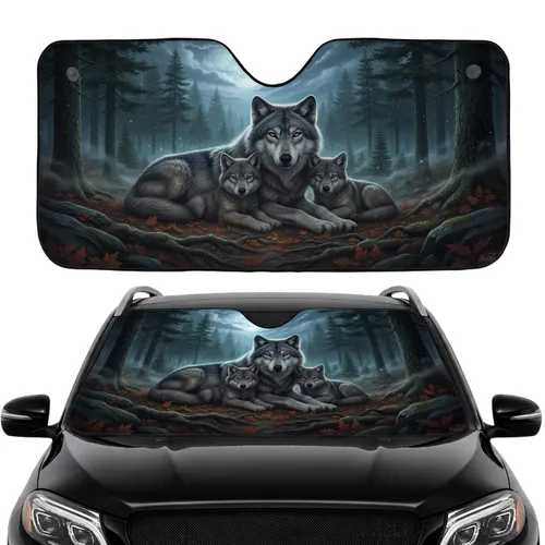 Gray Wolf Family Moonlight Pine Forest - Wildlife Lover Gift Car Sunshade
