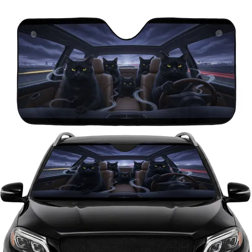 Four Black Cats Yellow Eyes Driving Luxury Car Cinematic Night Journey - Road Trip Gift Car Sunshade