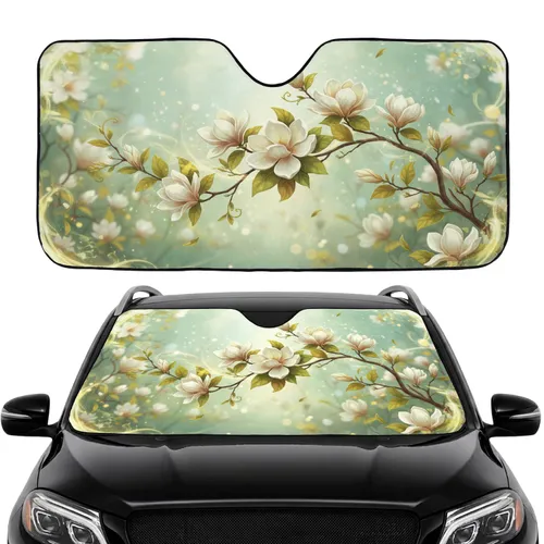 White Yellow Magnolia Green Leaves Luminous Floral - Nature Lover Gift Car Sunshade