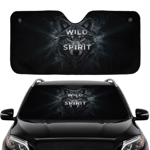 Grey Wolf Head Wild Spirit Text Torn Dark Surface - Car Interior Decor Gift for Wolf Lovers Car Sunshade