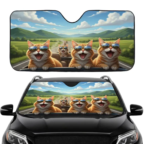 Cats Wearing Sunglasses Winding Road Trip - Cat Lover Travel Gift Car Sunshade