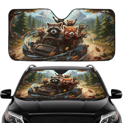 Adventurous Raccoons Red Panda Forest Road - Adventure Lover Gift Car Sunshade