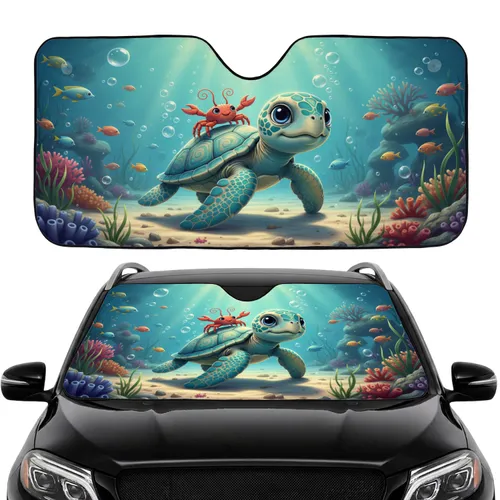 Baby Sea Turtle Red Crab Fish Sunlit Underwater Sea Grass Coral - Ocean Lover Gift Car Sunshade