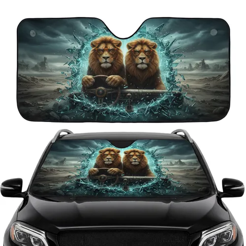 Two Majestic Lions Orange Sunglasses Shattered Glass Car Interior - Wildlife Lover Gift Car Sunshade