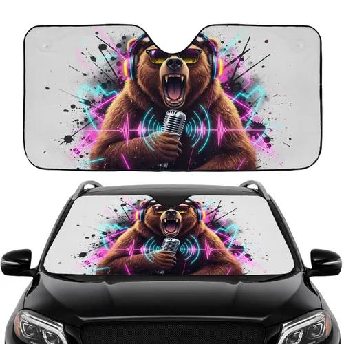 Roaring Brown Bear Neon Sunglasses Headphones Microphone - Music Lover Gift Car Sunshade
