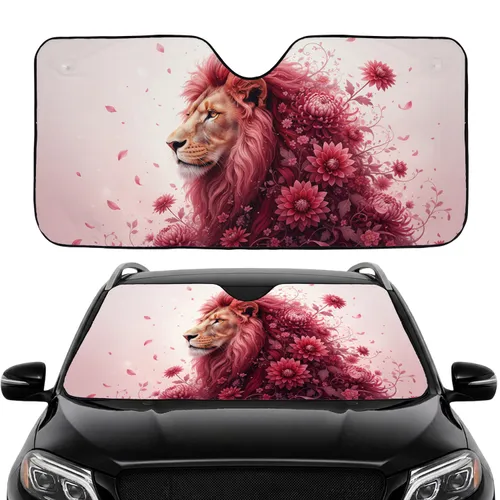 Majestic Lion Head Crimson Pink Floral - Home Decor Gift for Animal Lover Car Sunshade