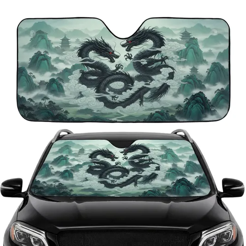 Black Chinese Dragons Mountain Pagoda - Fantasy Mythology Enthusiast Car Decor Car Sunshade