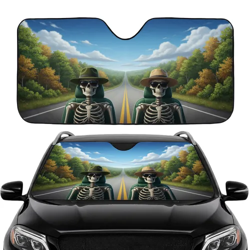 Skeletal Figures Fedora Sunglasses Open Road Highway Journey - Travel Essentials Car Sunshade