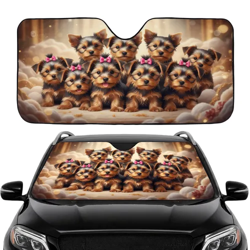 Yorkshire Terrier Puppies Pink Bows - Dog Lover Pet Owner Gift Car Sunshade