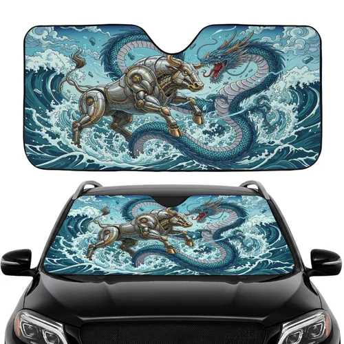 Armored Cyborg Bull Serpentine Dragon Epic Ocean Battle - Mythical Creatures Decor Gift Car Sunshade