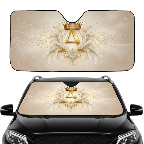Regal Golden Initial A Crown Heart Diamond Feathers Filigree - Opulent Luxury Gift Car Sunshade