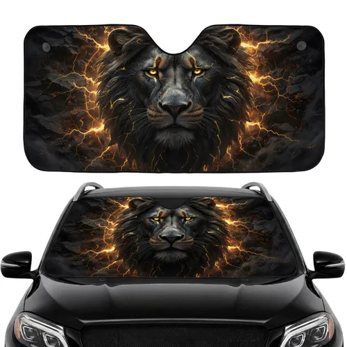 Formidable Obsidian Stone Lion Head Glowing Gold Eyes Molten Veins - Wildlife Lover Gift Car Sunshade