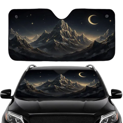 Majestic Mountain Golden Glow Crescent Moon Stars Midnight Sky - Nature Lover Gift Car Sunshade