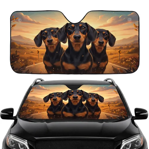 Three Dachshunds Golden Hour Road Trip - Travel Essentials Gift for Dog Lovers Car Sunshade