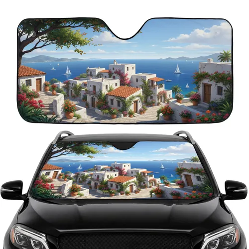 Mediterranean Coastal Village White-Sailed Boats Autumn Leaves - Travel Essentials Car Sunshade
