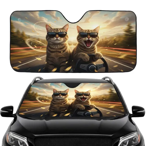 Tabby Cats in Sunglasses Driving - Road Trip Essentials Cat Lover Gift Car Sunshade