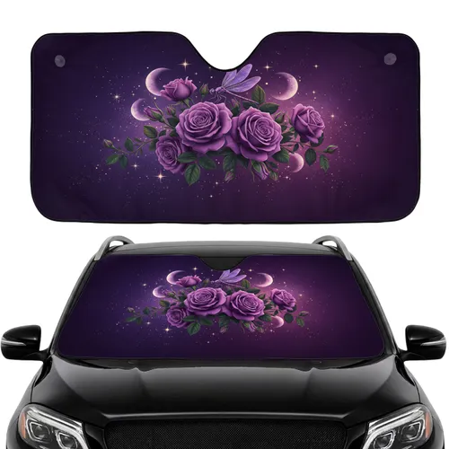 Lush Lavender Roses Purple Dragonfly Moons Stars Night Sky - Nature Lover Gift Car Sunshade