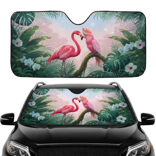 Pink Flamingo Cockatoo Tropical Leaves Blossoms - Wildlife Lover Gift Car Sunshade