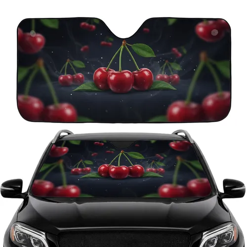 Glossy Red Cherries Green Leaves - Natural Fresh Fruit Lifestyle Gift Car Sunshade