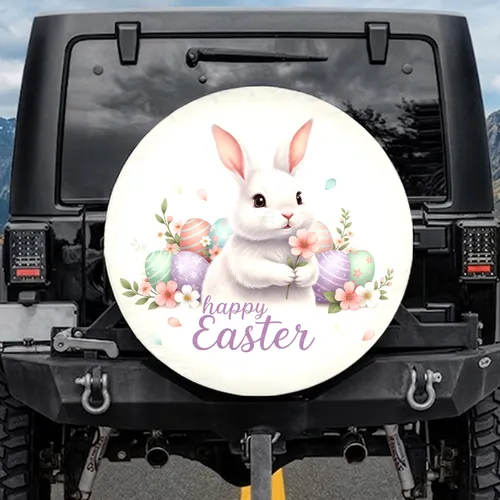 Easter Bunny Pastel Eggs Spring Flowers with Happy Easter Text - Holiday Gift Spare Tire Cover
