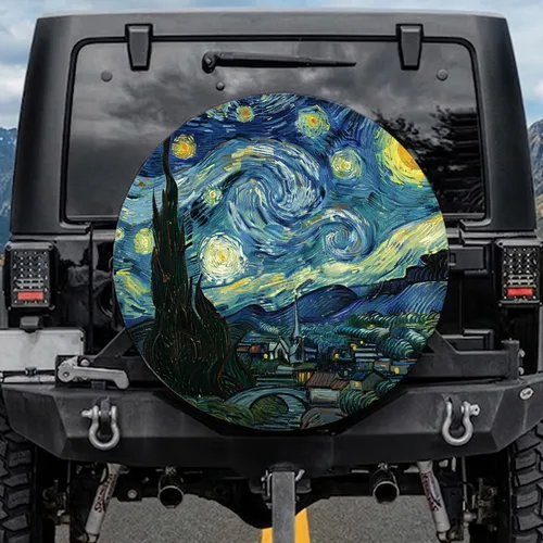 Cypress Tree Starry Night Moon Village Landscape Spare Tire Cover