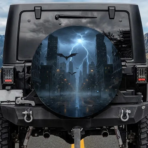 Dark Urban Street Skyscraper Storm - Urban Scenery Enthusiast Gift Spare Tire Cover
