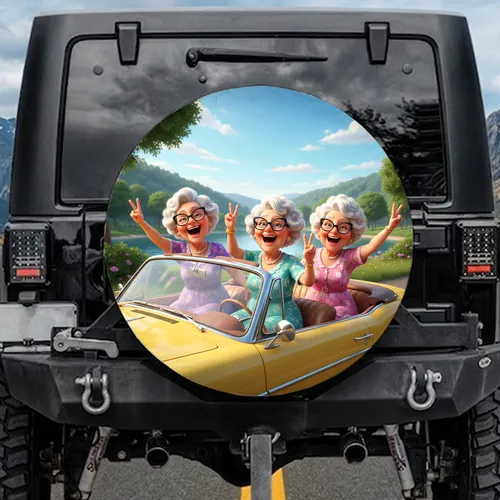 Jubilant Elderly Women Vintage Convertible - Summer Road Trip Gift Spare Tire Cover