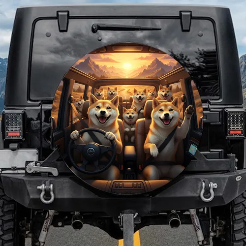 Joyful Realistic Golden Hour Shiba Inu Dogs Driving Mountain Sunset - Dog Lover Gift Spare Tire Cover