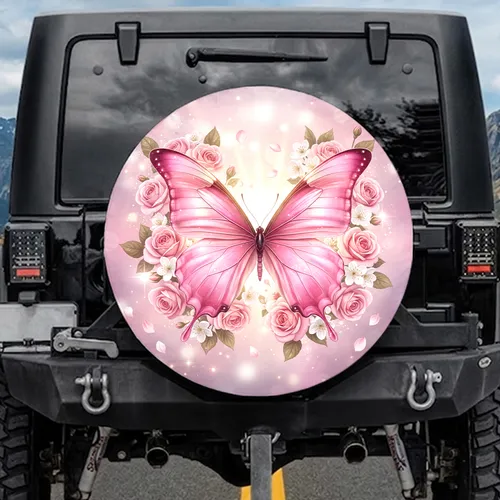 Pink Butterfly Rose White Blossoms - Floral Car Decor Gift Spare Tire Cover