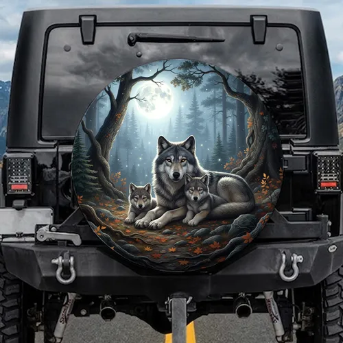 Majestic Grey Wolf Pups Moonlit Forest - Wildlife Lover Gift Spare Tire Cover
