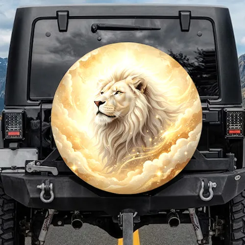 White Lion Head Golden Celestial Star Sparkle Divine Energy - Wildlife Lover Gift Spare Tire Cover