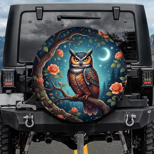Owl Tree Branch Roses Ancient Trunk Starry Night - Wildlife Lover Gift Spare Tire Cover